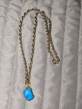 $1 with Bundle ~ Gold Tone Chain Necklace Blue Turquoise Nugget Pendant 6467